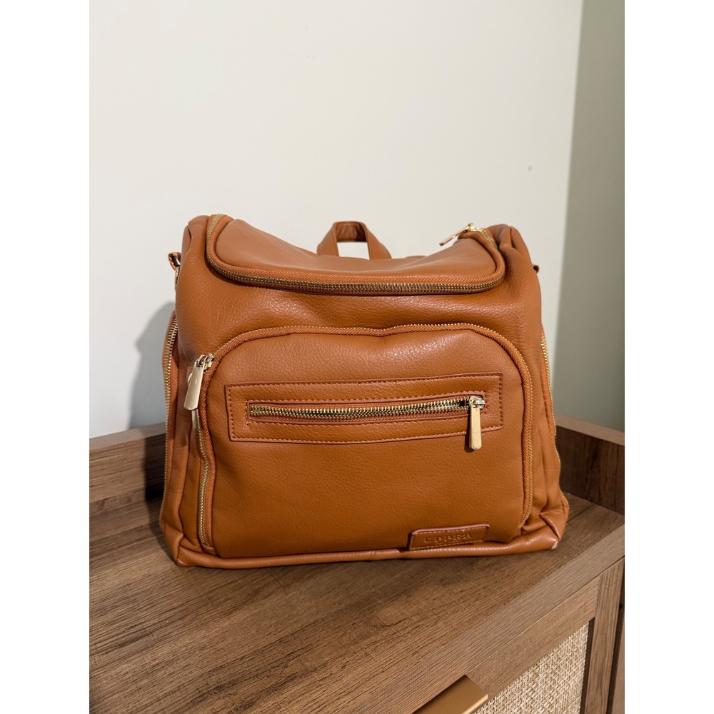 Upper New York Diaper Bag Backpack Cognac Brown Vegan Leather Insulated Pockets